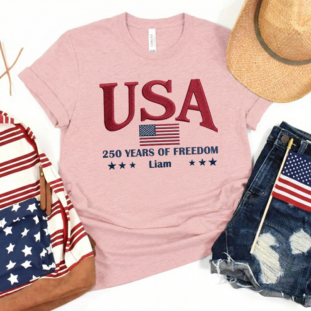USA 250th Anniversary Embroidered T-Shirt - Celebrate Freedom Patriotic Gift