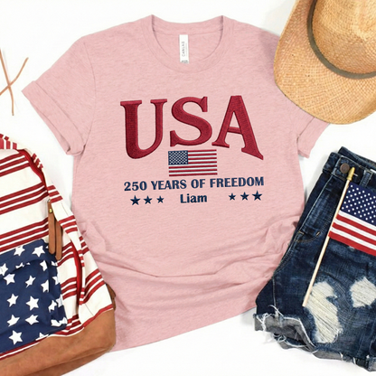 USA 250th Anniversary Embroidered T-Shirt - Celebrate Freedom Patriotic Gift