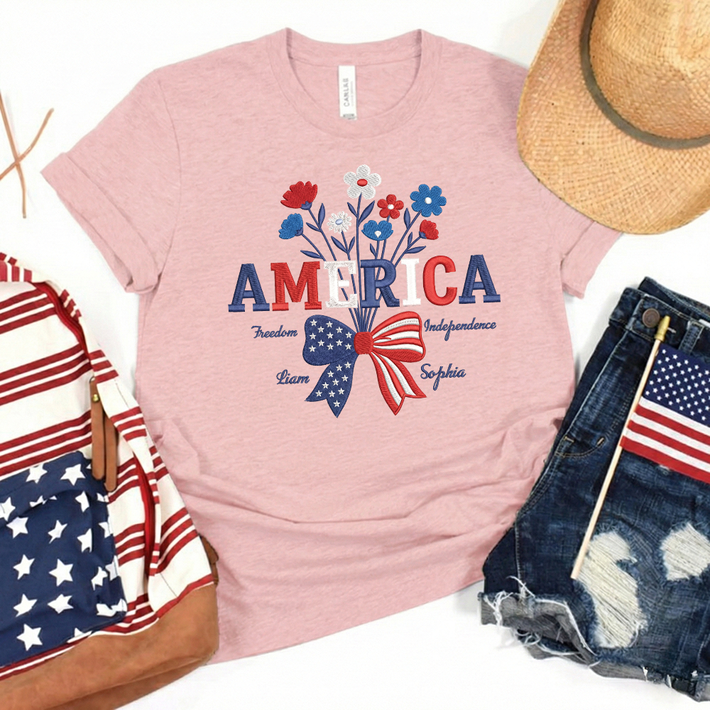 USA 250 Years Strong Floral T-Shirt - Embroidered Independence Day Tee (1776-2026)