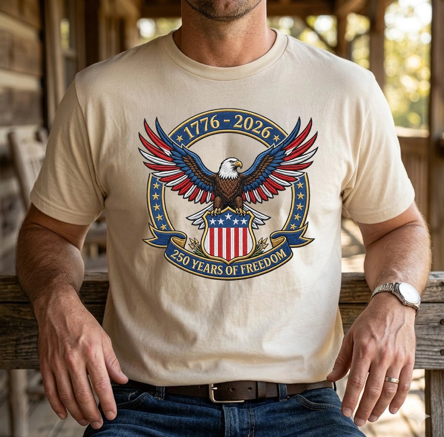 1776-2026 USA Flag Patriotic Embroidered T-Shirt - 250 Years Anniversary Shirt