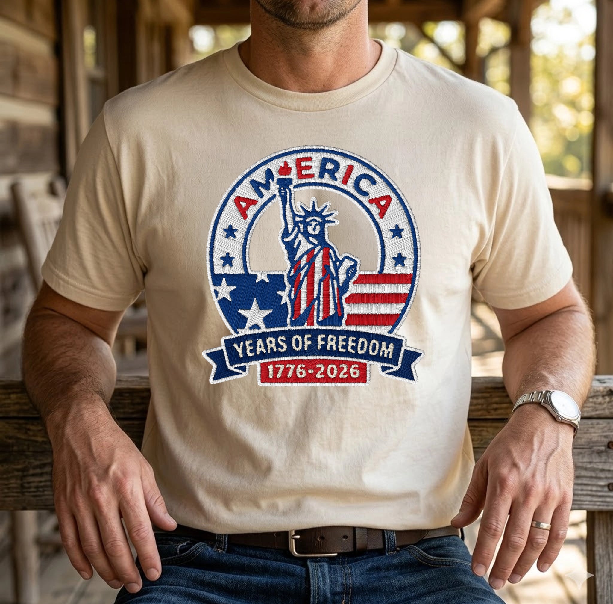 America 250th Anniversary Patriotic Embroidered T-Shirt - Independence Day Tee