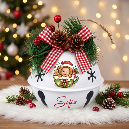 Custom photo gingerbread cocoa mug kid jingle bell ornament with child photo and name