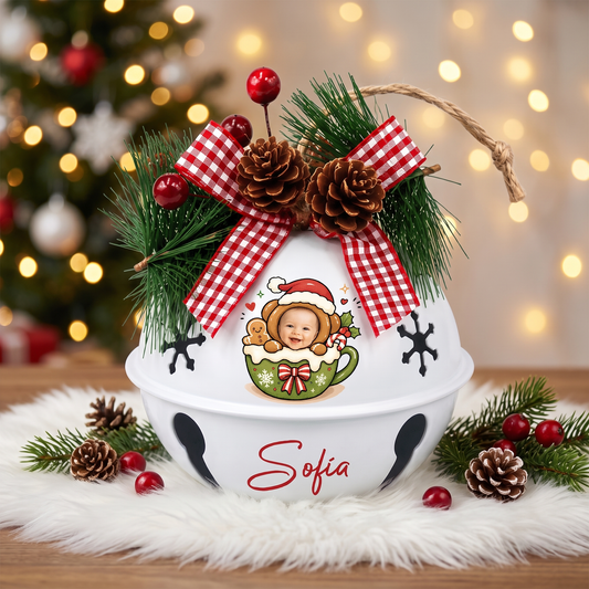Custom photo gingerbread cocoa mug kid jingle bell ornament with child photo and name