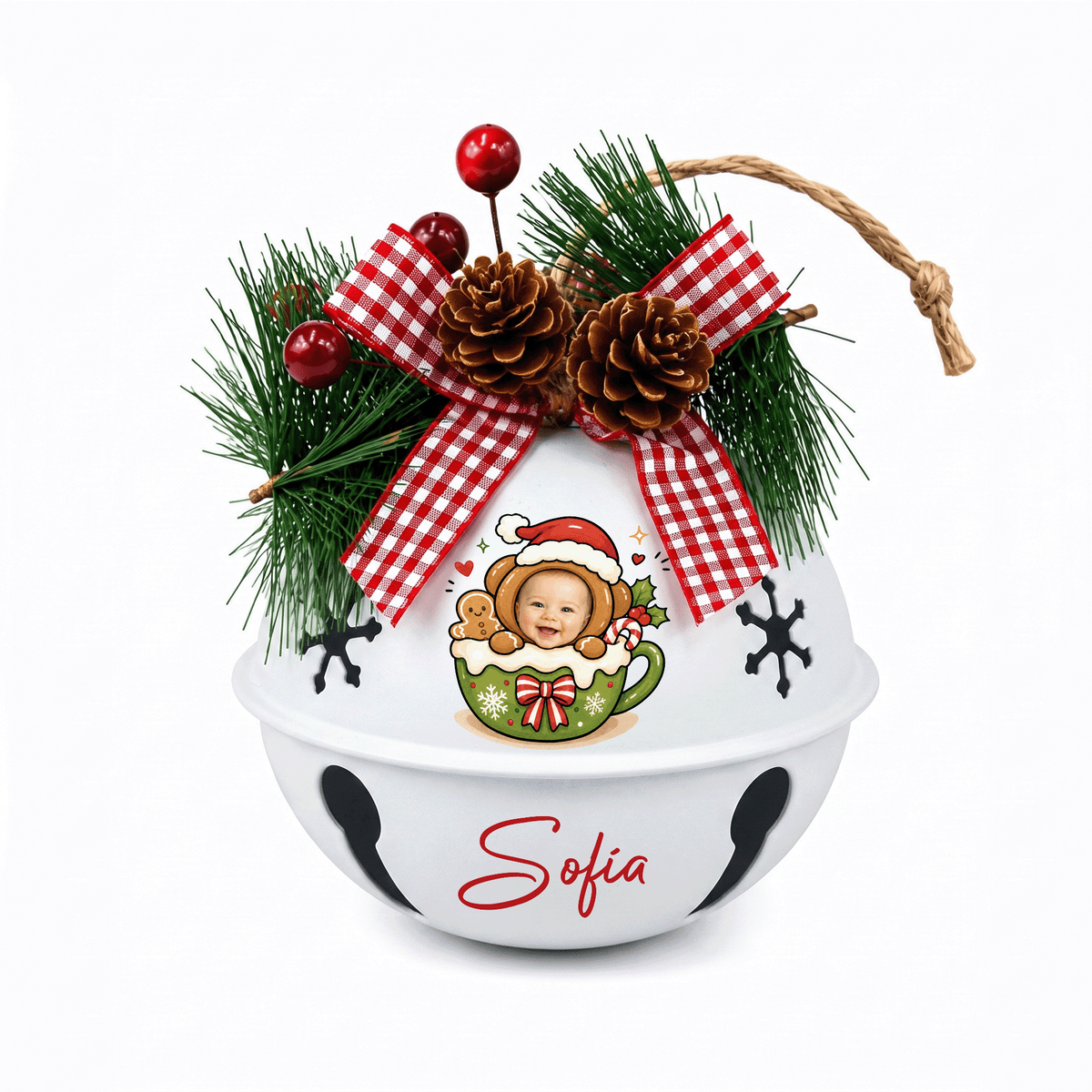 Personalized gingerbread cocoa mug kid photo jingle bell ornament, bell color option