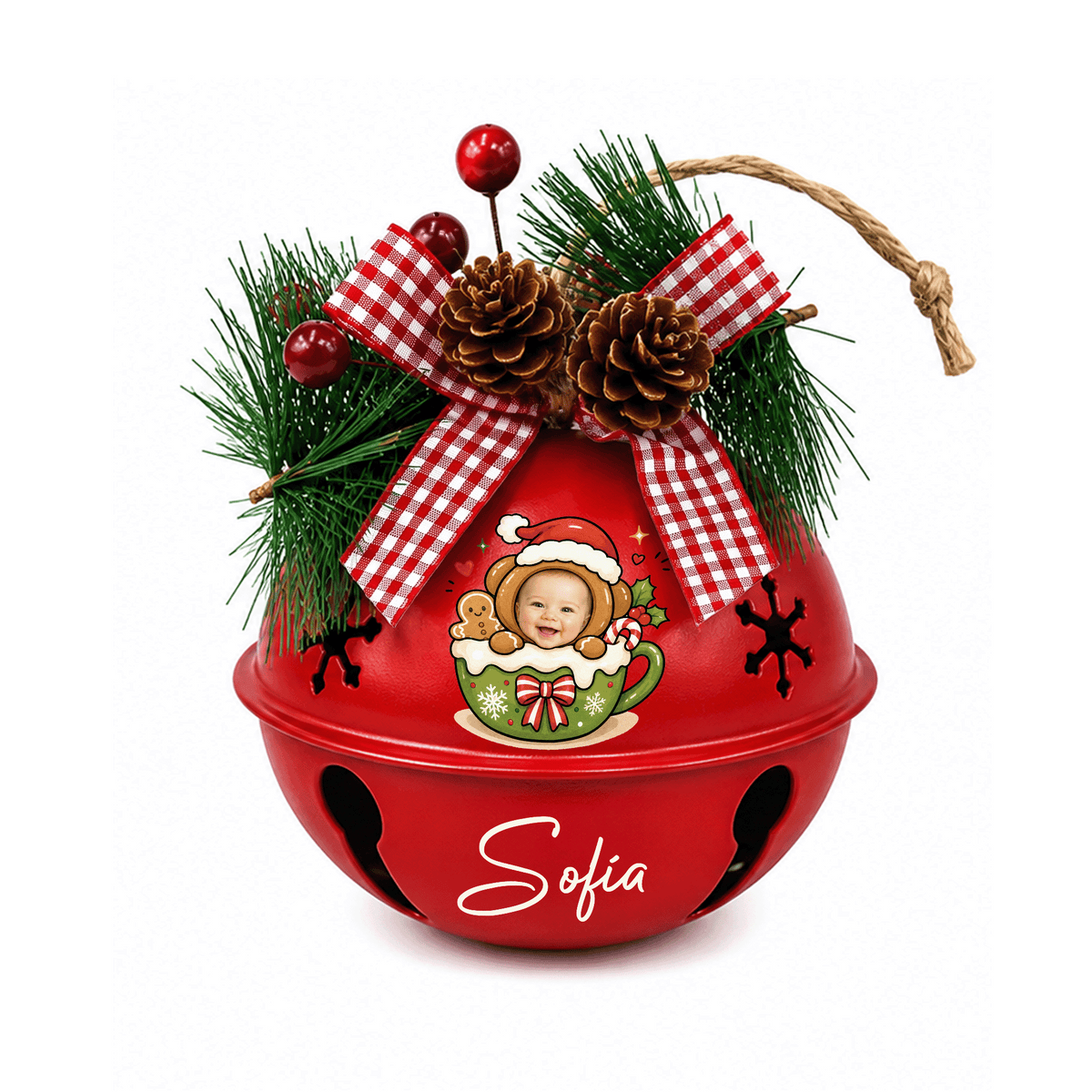 Personalized gingerbread cocoa mug kid photo jingle bell ornament, bell color option