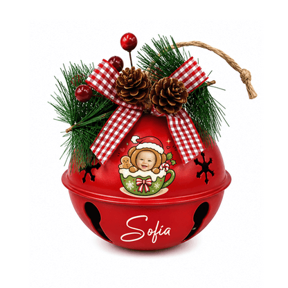 Personalized gingerbread cocoa mug kid photo jingle bell ornament, bell color option