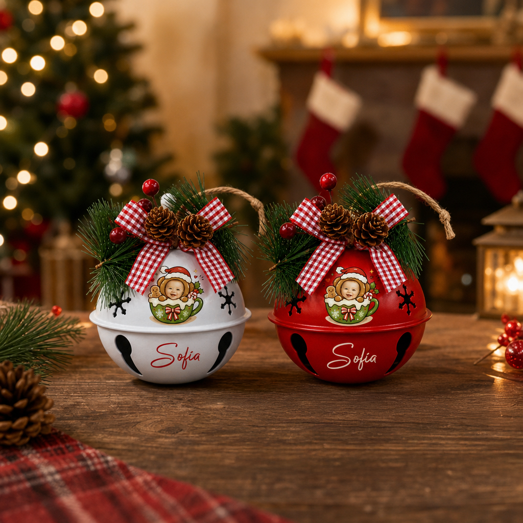 Two personalized kid photo jingle bell ornaments on a holiday table, bell color options