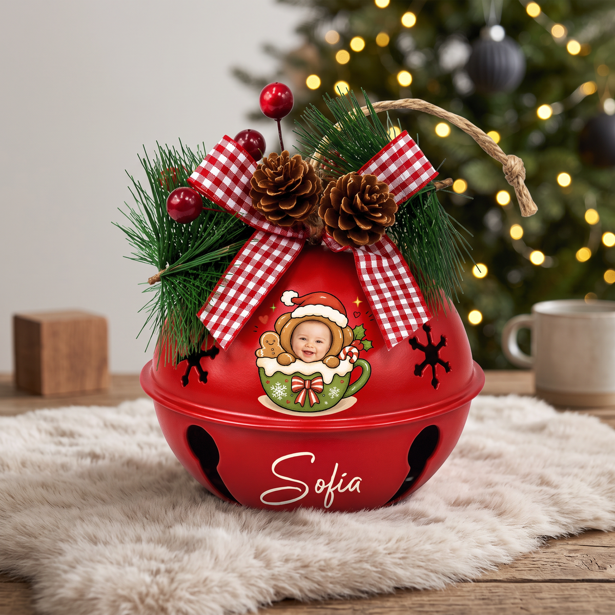 Custom gingerbread cocoa mug kid photo jingle bell ornament on a festive table