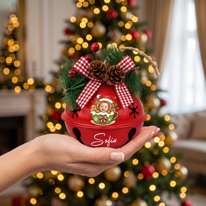 Hand holding a custom gingerbread cocoa mug kid photo jingle bell ornament