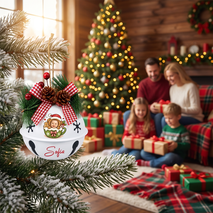 Personalized kid photo jingle bell ornament hanging with family opening gifts