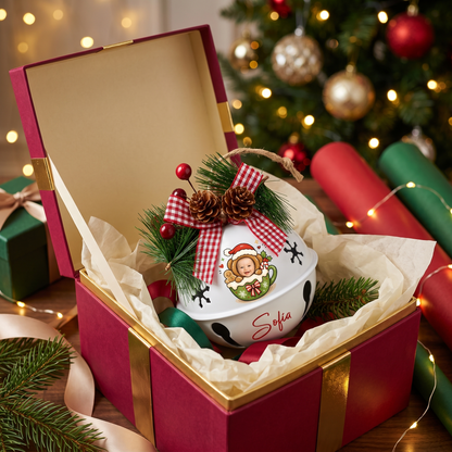 Personalized gingerbread cocoa mug kid jingle bell ornament in a gift box