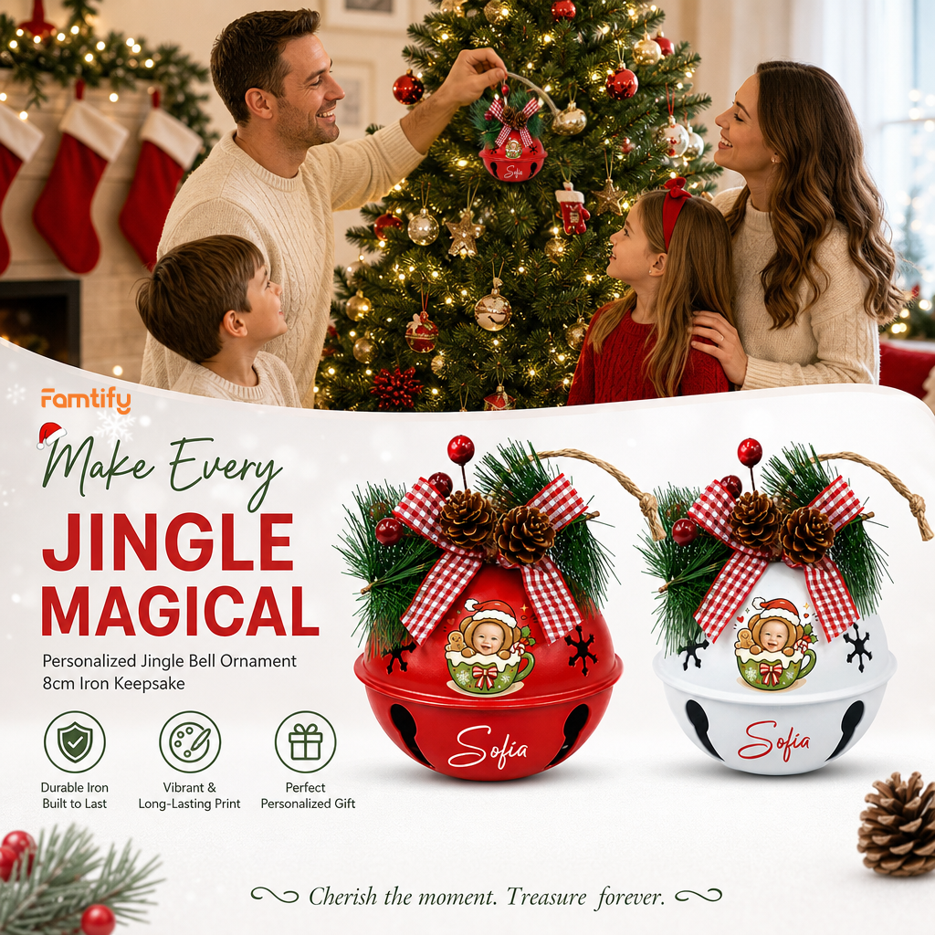 Personalized kid photo jingle bell ornament color options, durable iron, 8 cm keepsake
