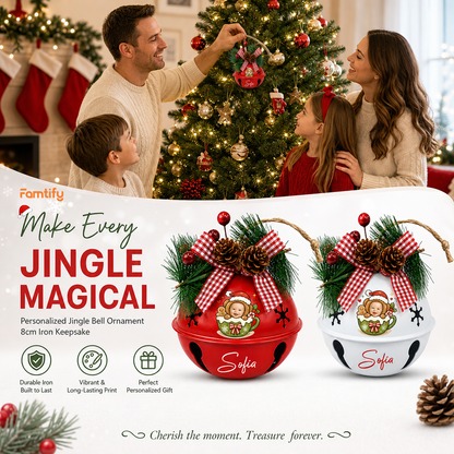 Personalized kid photo jingle bell ornament color options, durable iron, 8 cm keepsake