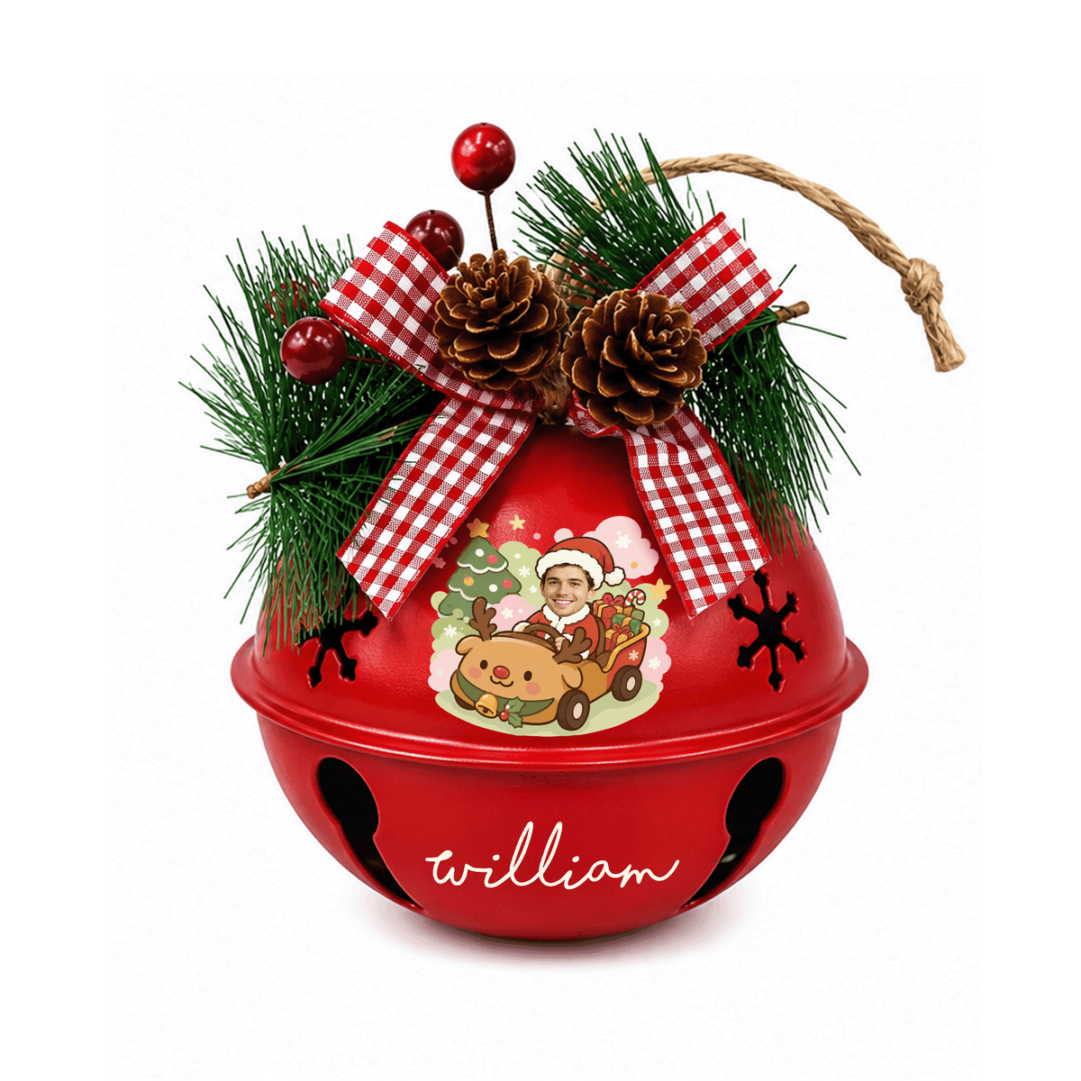 Personalized Santa reindeer car photo jingle bell ornament, bell color option