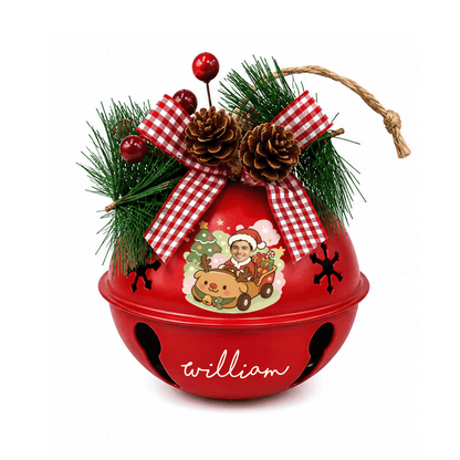 Personalized Santa reindeer car photo jingle bell ornament, bell color option
