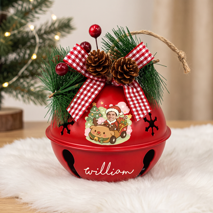 Personalized Santa reindeer car photo jingle bell ornament in a cozy Christmas setting