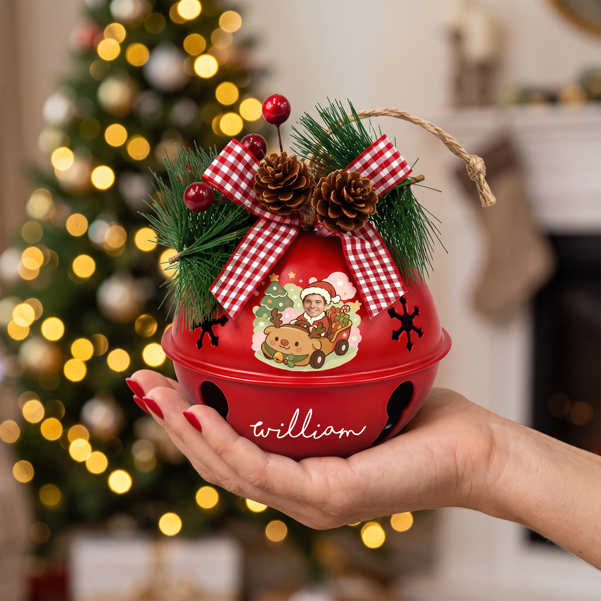 Custom Santa reindeer car jingle bell ornament with name for holiday decor