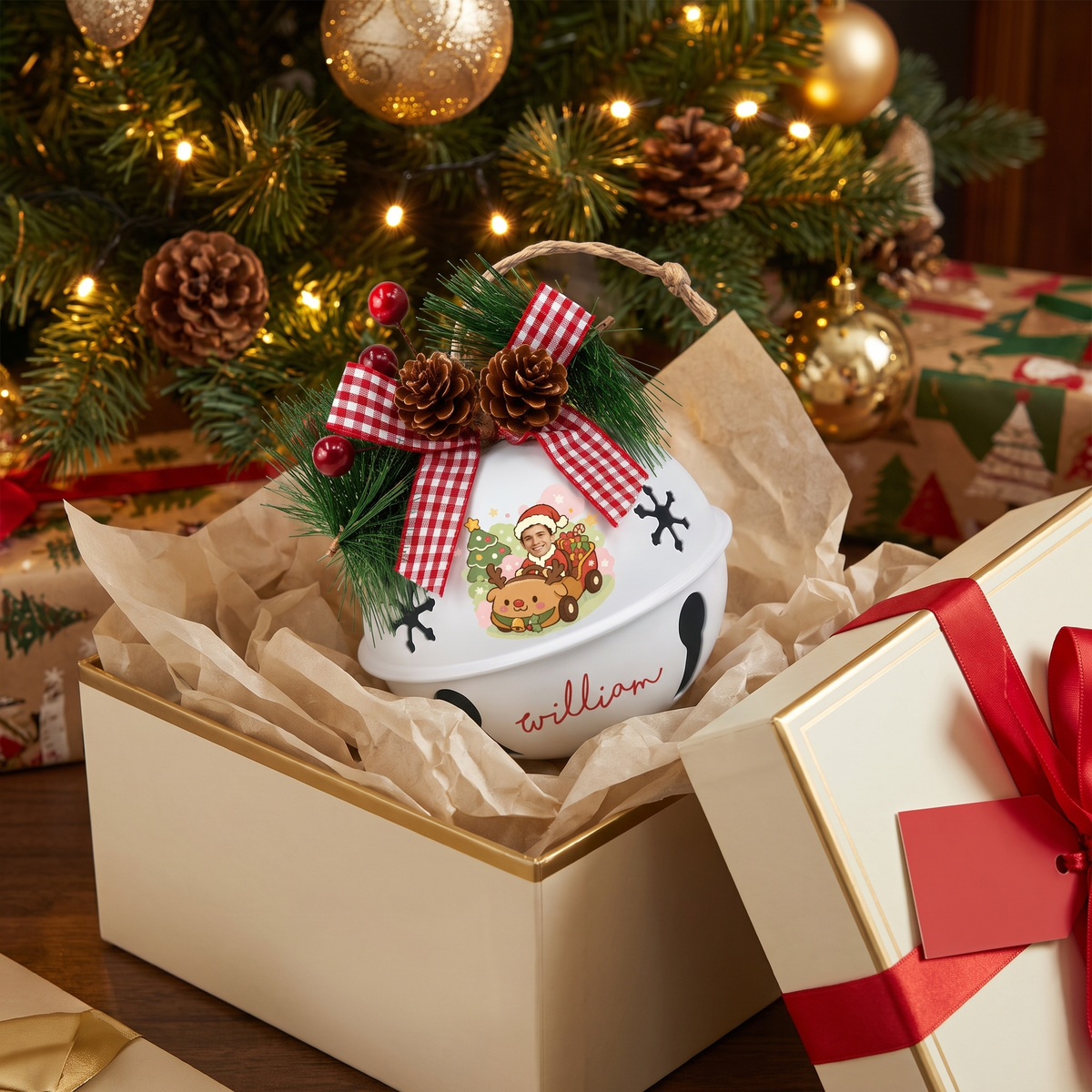 Custom photo Santa reindeer car jingle bell ornament for the Christmas tree