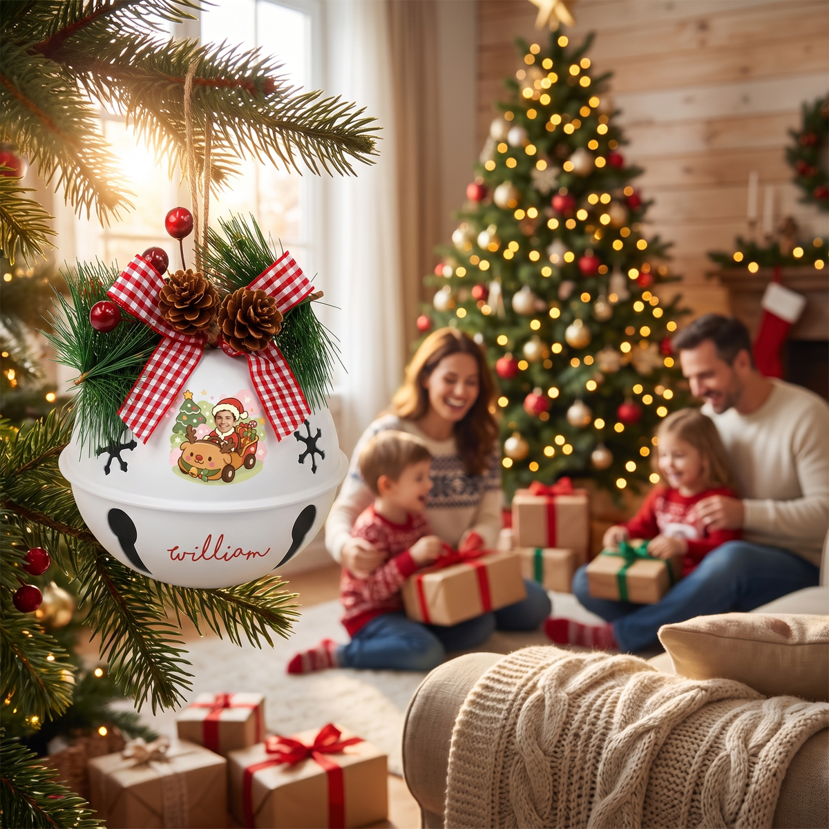 Personalized Santa reindeer car jingle bell ornament for family Christmas memories
