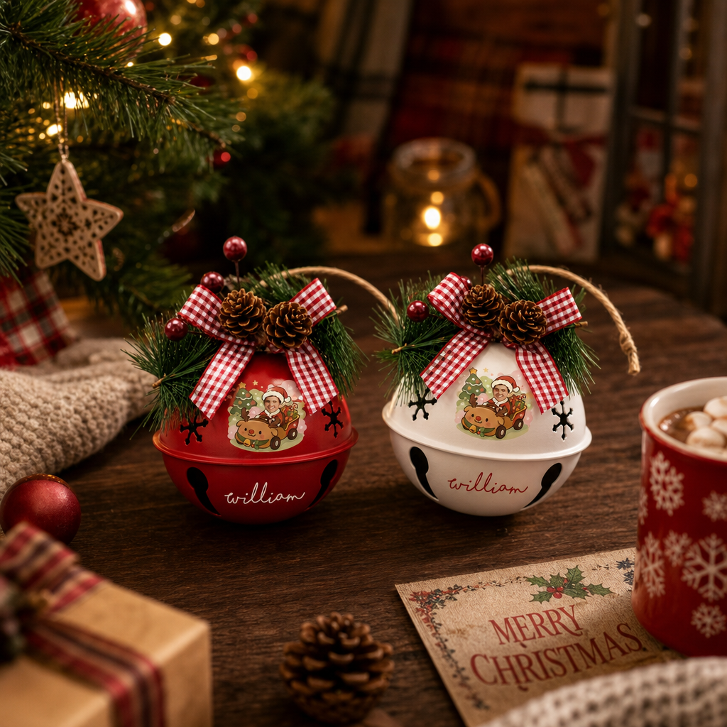 Personalized photo jingle bell ornaments, bell color options