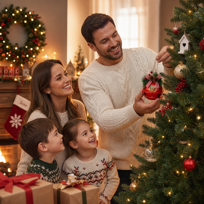 Family decorating the Christmas tree with personalized jingle bell ornaments