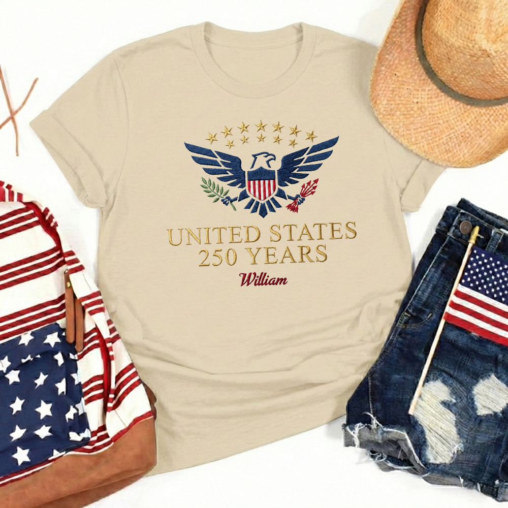 Custom Embroidered USA 250 Years T-Shirt – Semiquincentennial Patriotic Tee