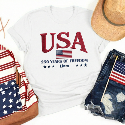 USA 250th Anniversary Embroidered T-Shirt - Celebrate Freedom Patriotic Gift