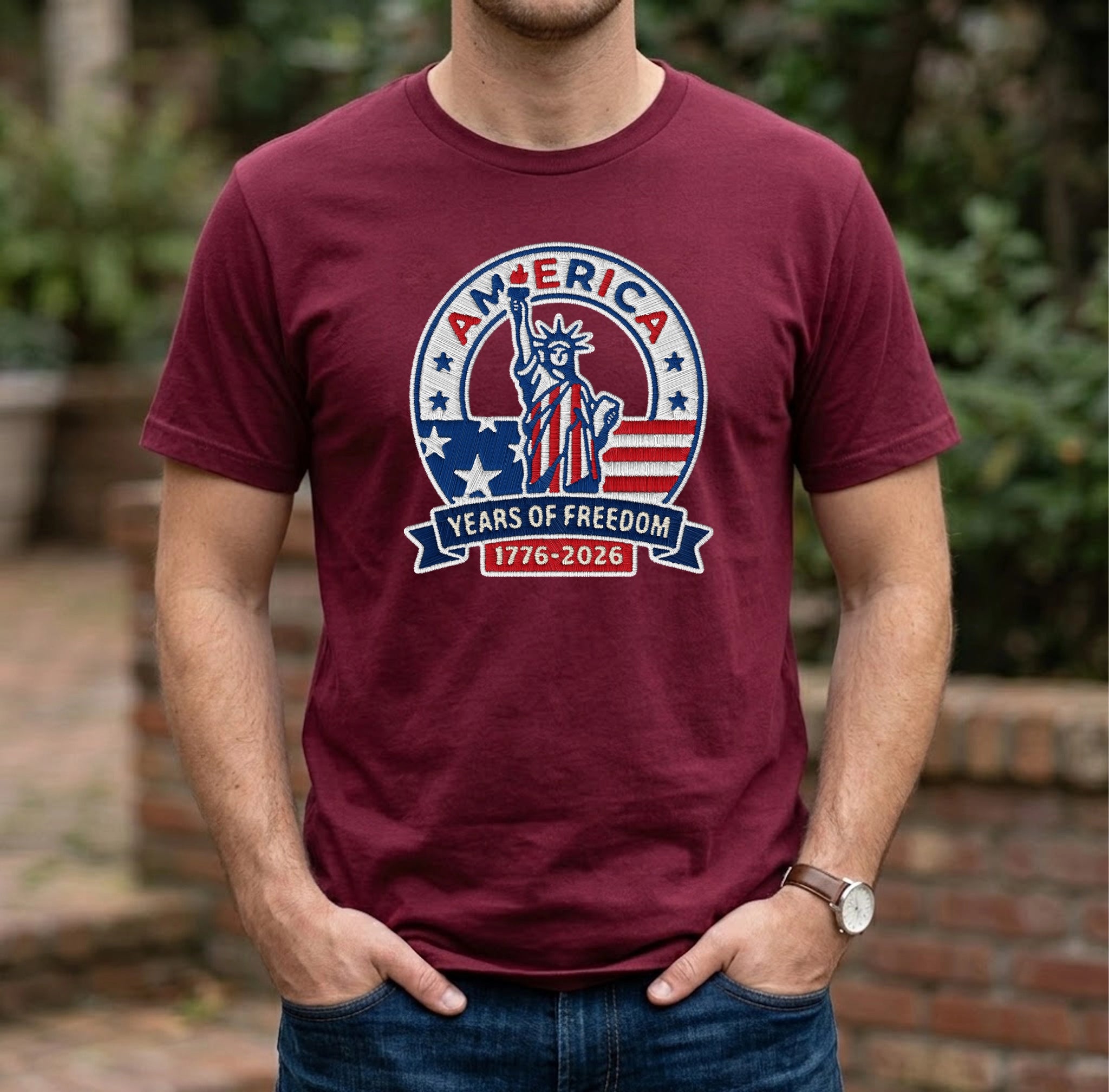 America 250th Anniversary Patriotic Embroidered T-Shirt - Independence Day Tee