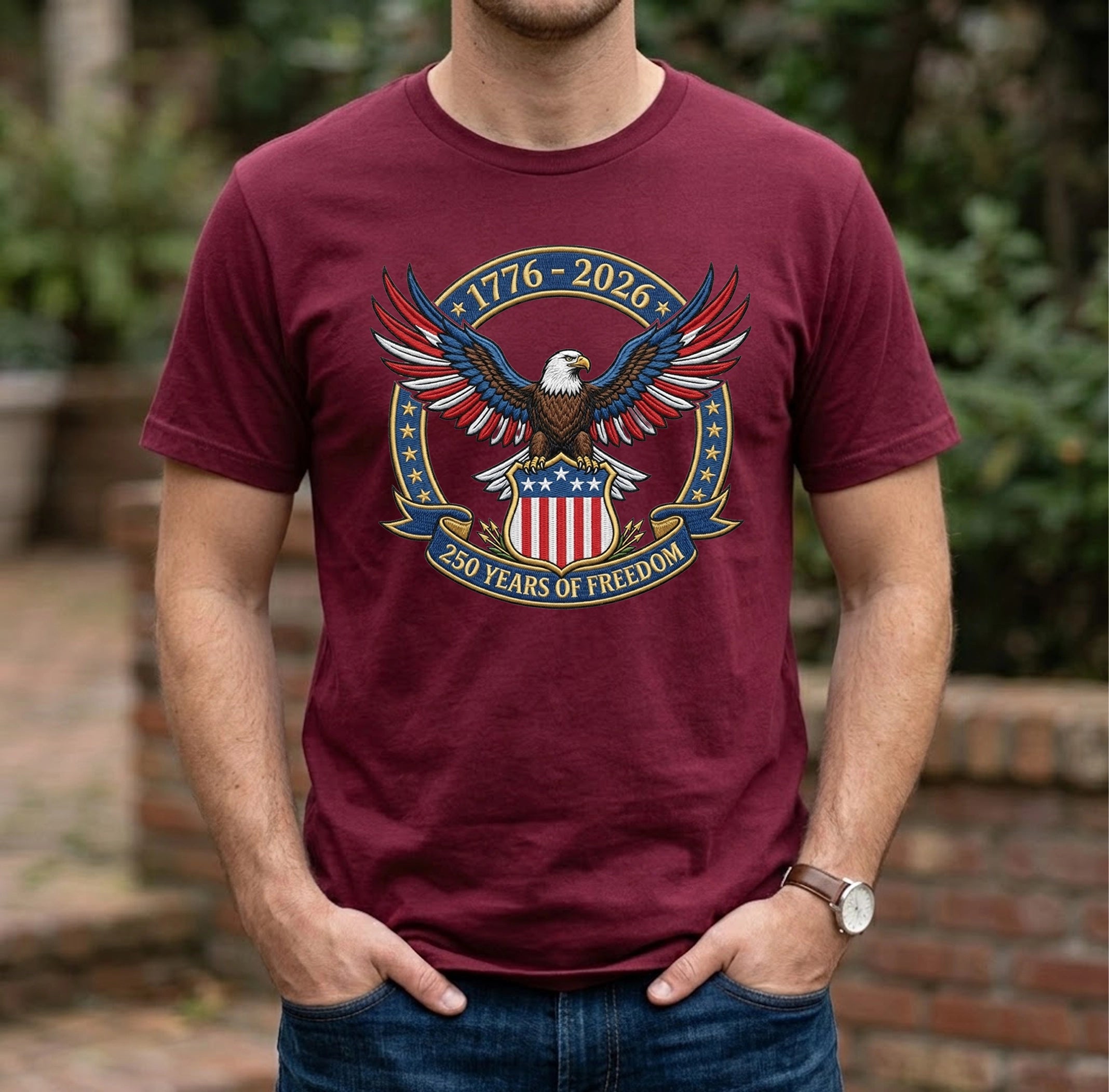 1776-2026 USA Flag Patriotic Embroidered T-Shirt - 250 Years Anniversary Shirt