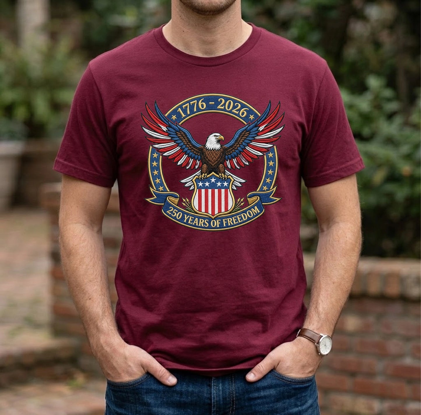 1776-2026 USA Flag Patriotic Embroidered T-Shirt - 250 Years Anniversary Shirt