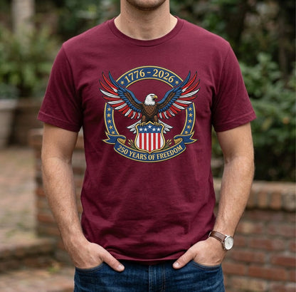 1776-2026 USA Flag Patriotic Embroidered T-Shirt - 250 Years Anniversary Shirt