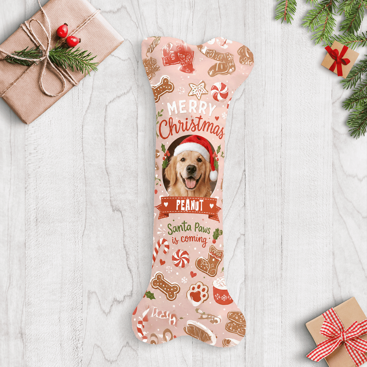 Personalized Santa Paws Is Coming Gingerbread dog bone Christmas stocking with custom dog photo and name