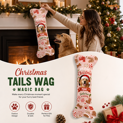 Personalized Santa Paws Is Coming Gingerbread dog bone Christmas stocking, view 2