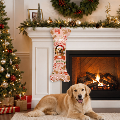 Personalized Santa Paws Is Coming Gingerbread dog bone Christmas stocking, view 3