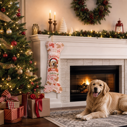 Personalized Santa Paws Is Coming Gingerbread dog bone Christmas stocking, view 4