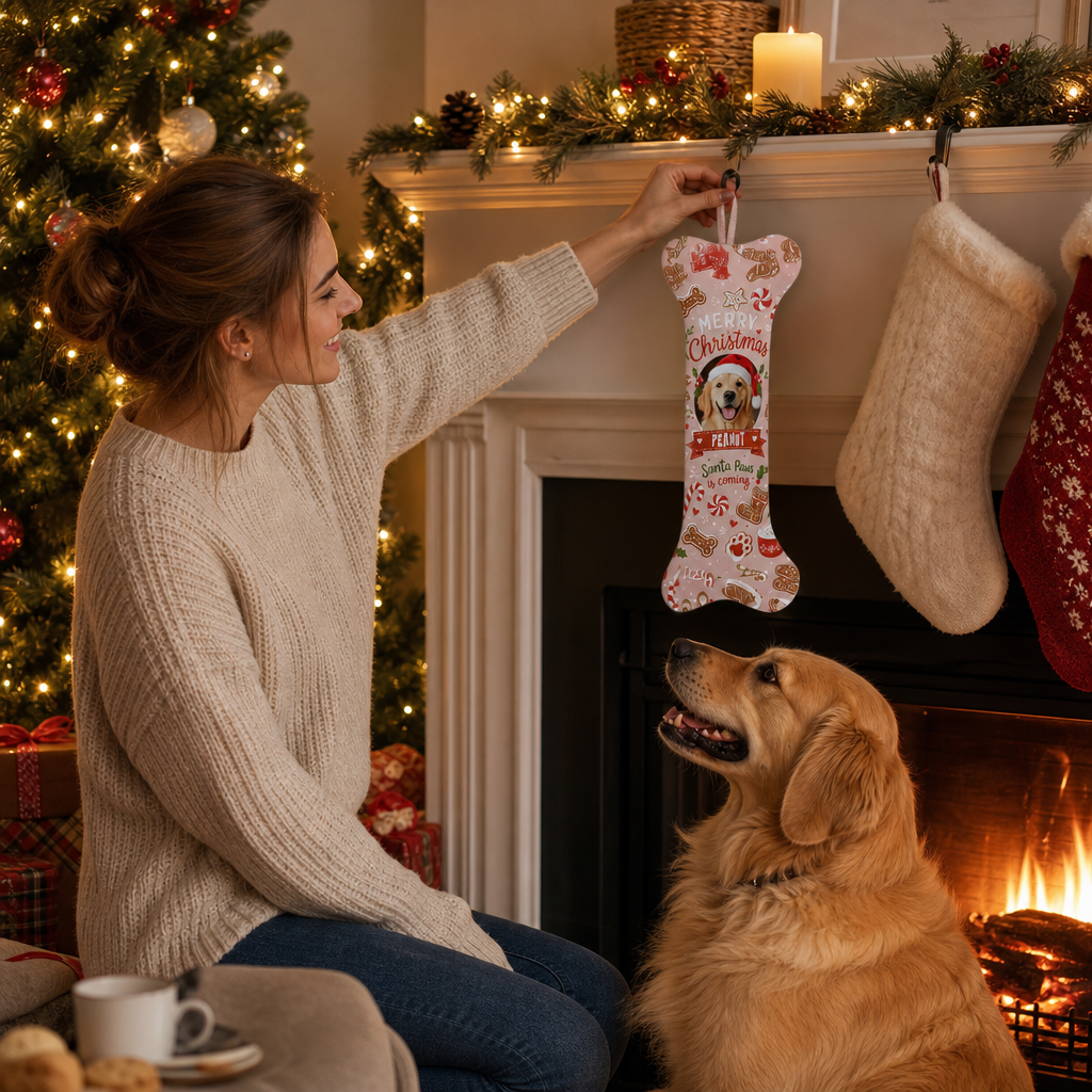 Personalized Santa Paws Is Coming Gingerbread dog bone Christmas stocking, view 5