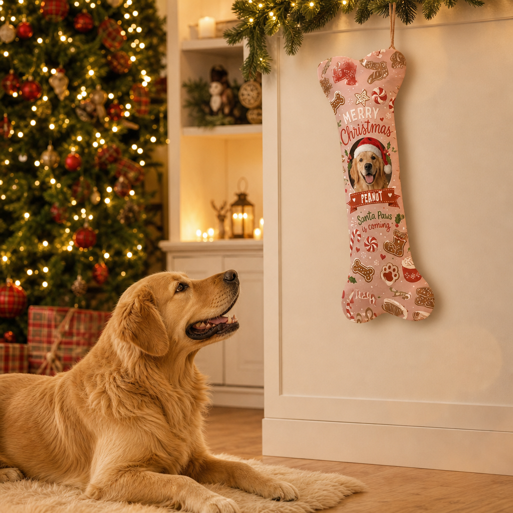 Personalized Santa Paws Is Coming Gingerbread dog bone Christmas stocking, view 7