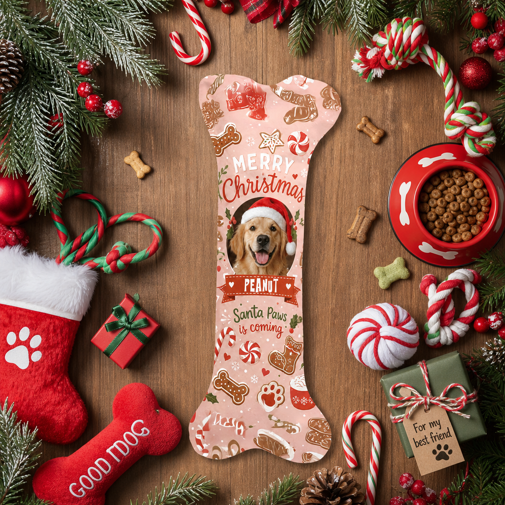 Personalized Santa Paws Is Coming Gingerbread dog bone Christmas stocking, view 8