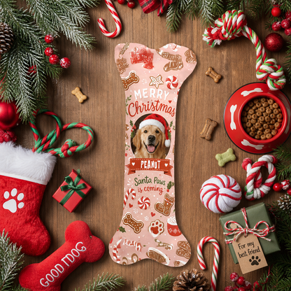 Personalized Santa Paws Is Coming Gingerbread dog bone Christmas stocking, view 8