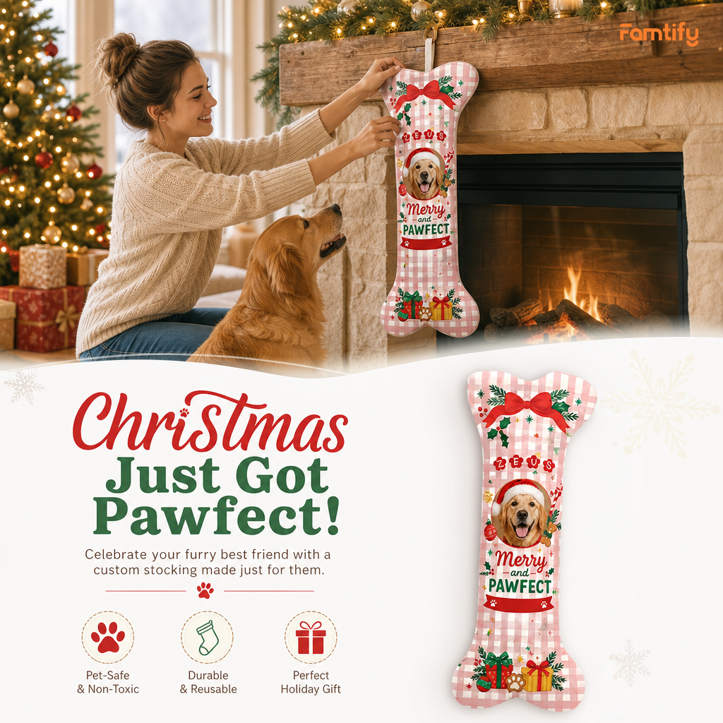 Personalized Merry And Pawfect Gingham dog bone Christmas stocking, view 2