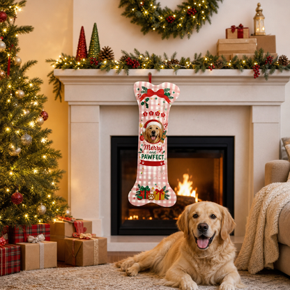 Personalized Merry And Pawfect Gingham dog bone Christmas stocking, view 3