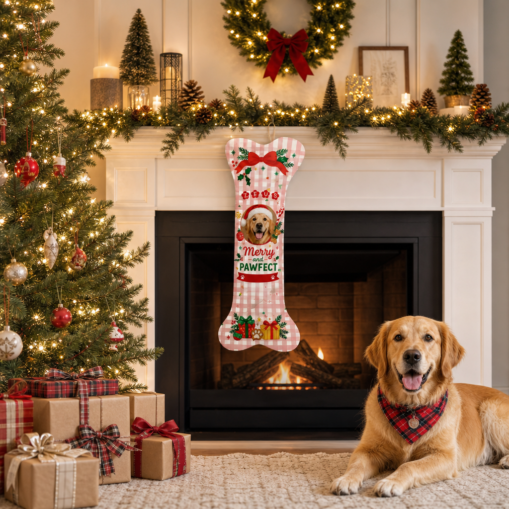 Personalized Merry And Pawfect Gingham dog bone Christmas stocking, view 4