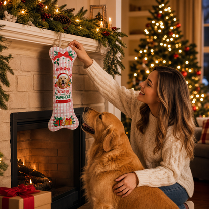 Personalized Merry And Pawfect Gingham dog bone Christmas stocking, view 5