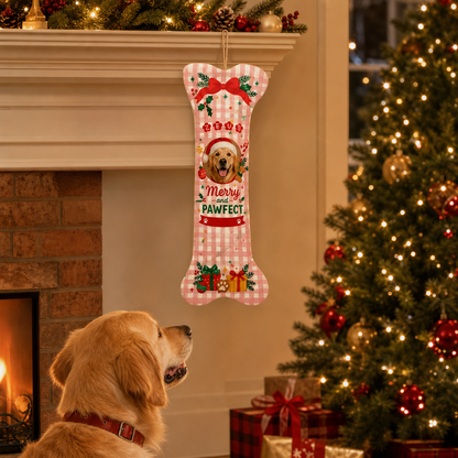 Personalized Merry And Pawfect Gingham dog bone Christmas stocking, view 7