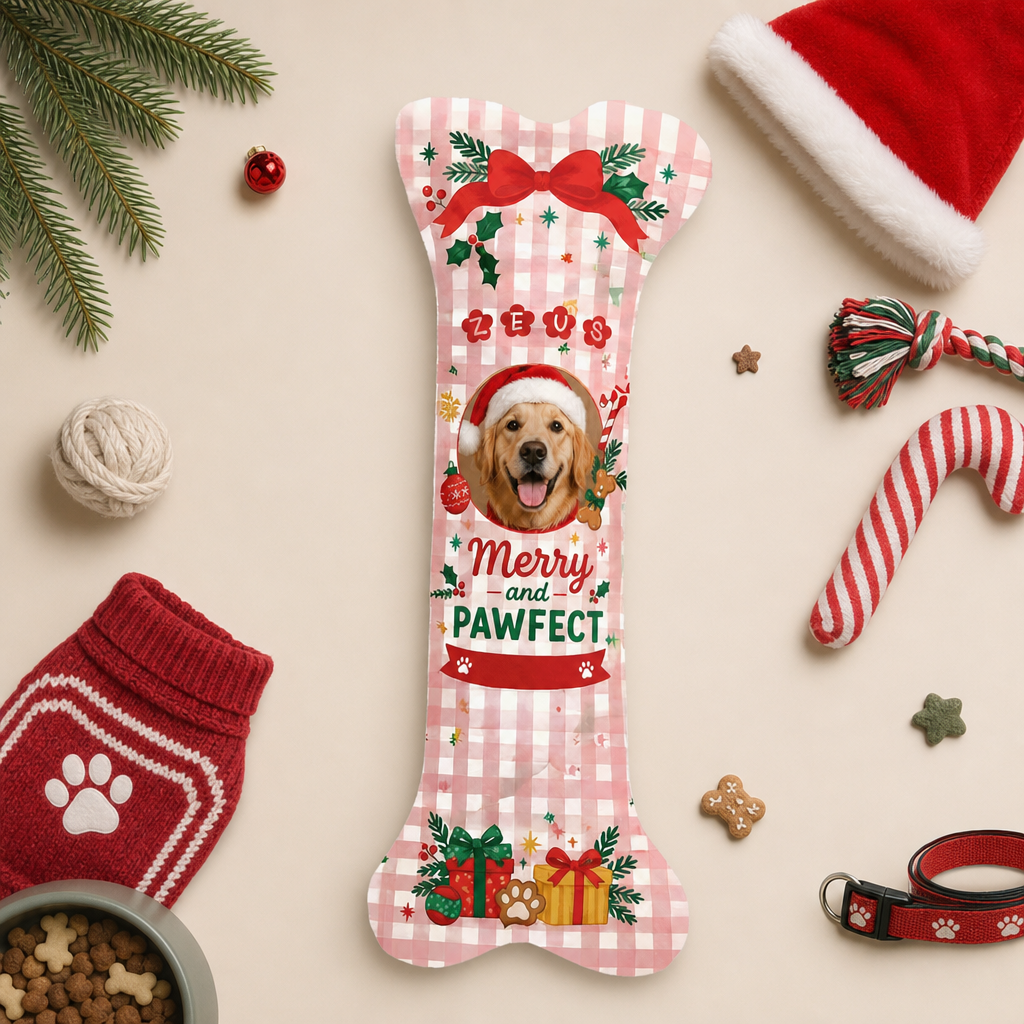 Personalized Merry And Pawfect Gingham dog bone Christmas stocking, view 8