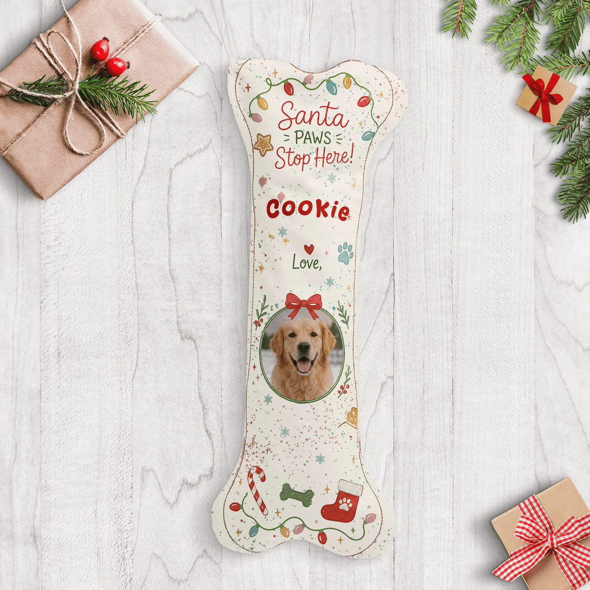 Personalized Santa Paws Stop Here Twinkle Lights dog bone Christmas stocking with custom dog photo and name