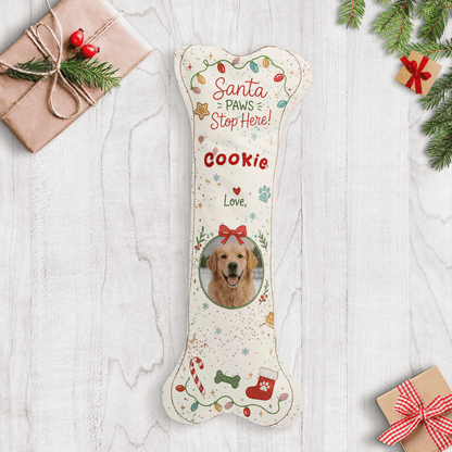 Personalized Santa Paws Stop Here Twinkle Lights dog bone Christmas stocking with custom dog photo and name