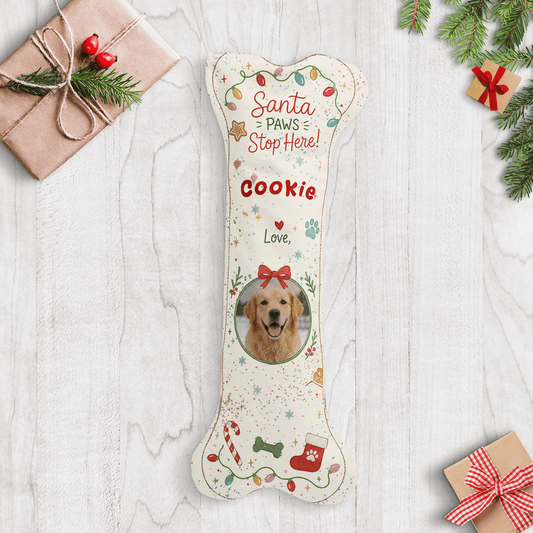 Personalized Santa Paws Stop Here Twinkle Lights dog bone Christmas stocking with custom dog photo and name