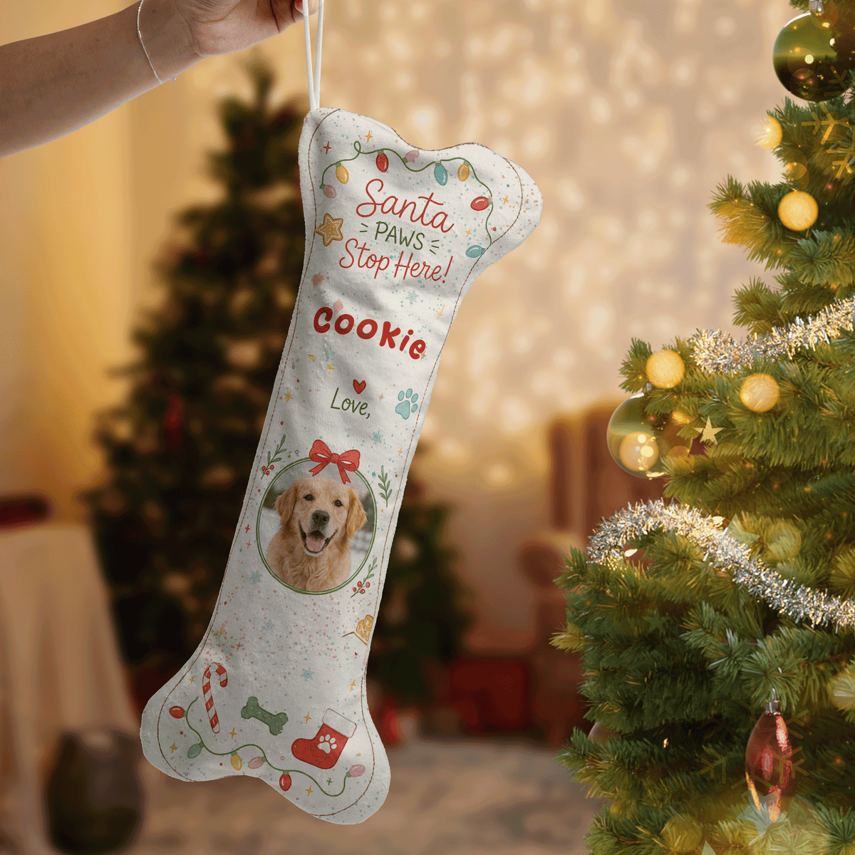 Personalized Santa Paws Stop Here Twinkle Lights dog bone Christmas stocking, view 2