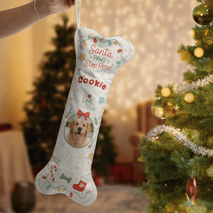 Personalized Santa Paws Stop Here Twinkle Lights dog bone Christmas stocking, view 2
